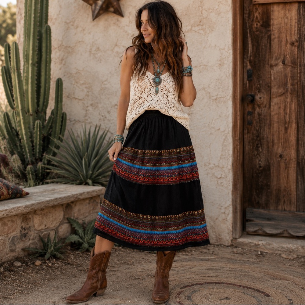 Black Boho Chic Festival Wanderlust Rayon Midi Skirt Tribal Free Spirit Crinkle